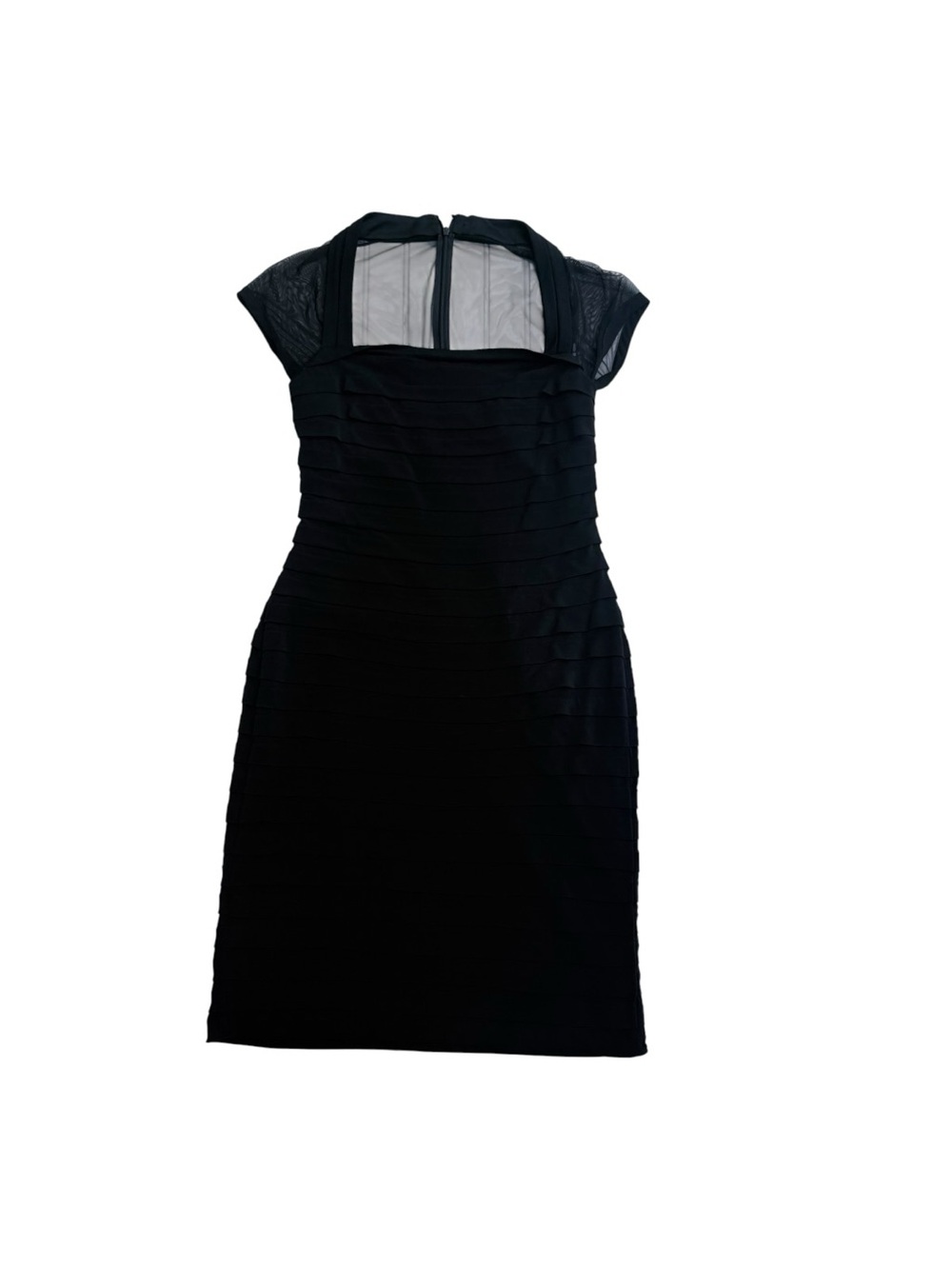 Tadashi Shoji Black Midi Sheath Dress with Mesh Yoke